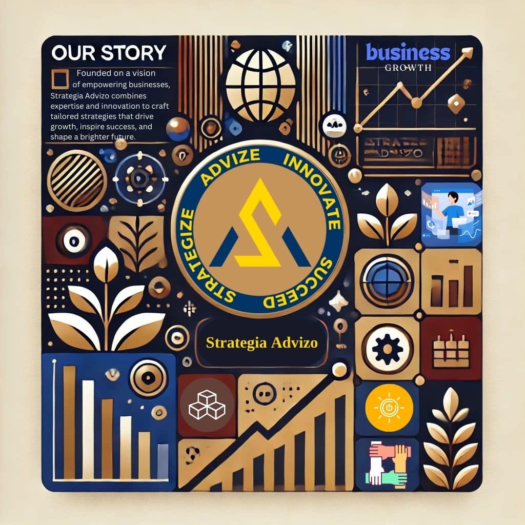 Strategia Advizo Our Story cover photo featuring bold text 'Our Story' with professional design elements in brand colors deep blue, gold, and maroon, symbolizing growth, strategy, and business success.