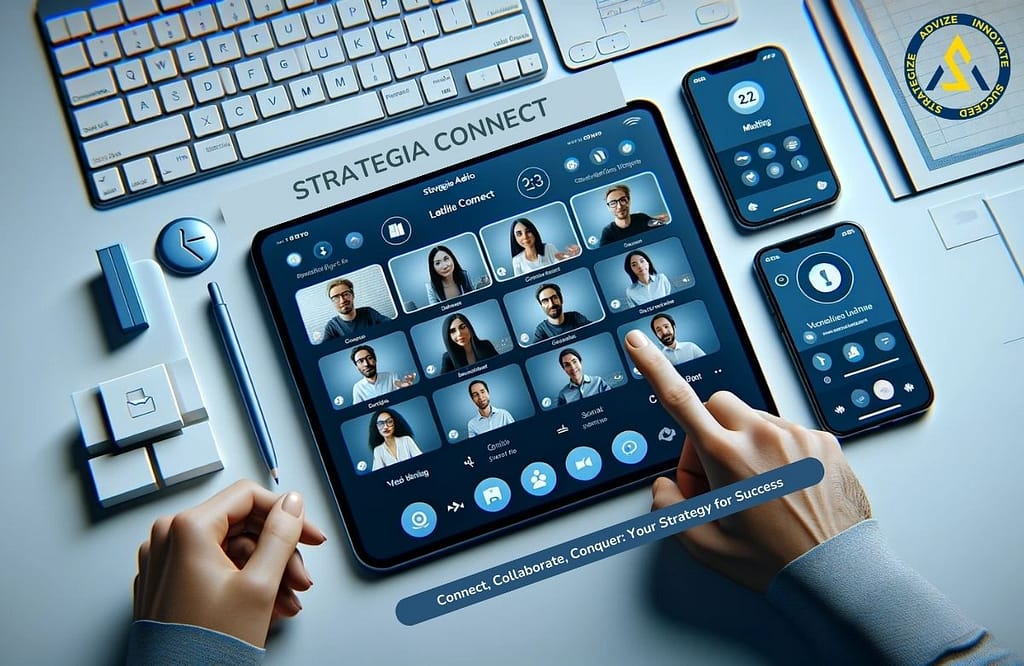 A hand interacts with the 'Strategia Connect' app on a tablet, showing various team member profiles on its screen, alongside a smartphone and a keyboard on a desk, emphasizing a modern, digital workplace.