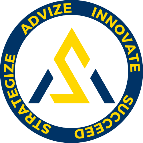 Logo of Strategia Advizo featuring a stylized mountain peak inside a circle with the words 'STRATEGIZE, ADVISE, INNOVATE, SUCCEED' surrounding it.